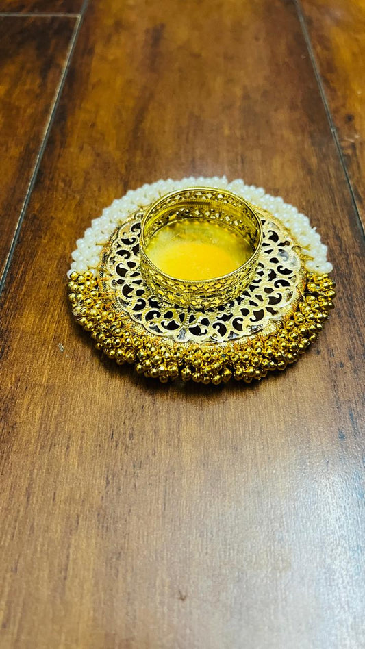 Coming Soon !!! Gold-tone decorative candle stand with pearl and filigree detailing