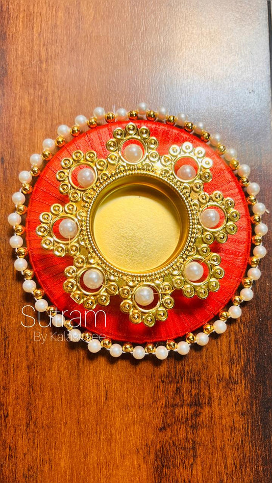 Coming Soon !!! Red satin-finish decorative candle stand with pearl and kundan-style rim