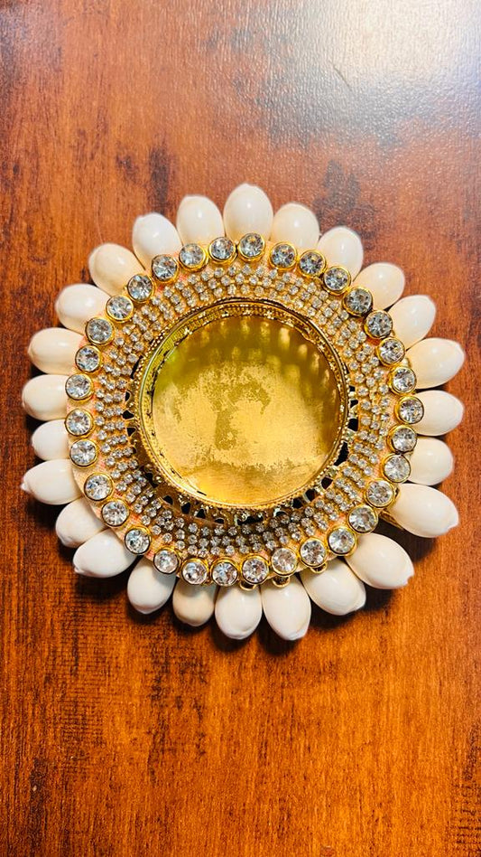 Coming Soon !!! White petal crystal candle stand with concentric diamond border